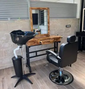 עמדת ספרים + כיסא ברבר + כיור חפיפה - צבע אגוז אפריקאי