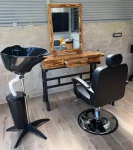 עמדת ספרים + כיסא ברבר + כיור חפיפה - צבע אגוז אפריקאי