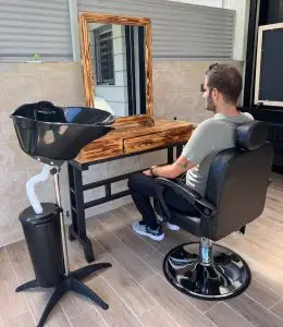 עמדת ספרים + כיסא ברבר + כיור חפיפה - צבע אגוז אפריקאי