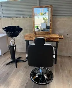 עמדת ספרים + כיסא ברבר + כיור חפיפה - צבע אגוז אפריקאי