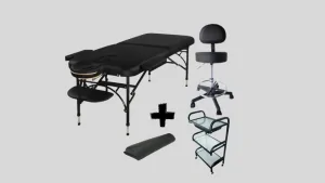 חדר טיפולים פרימיום: מיטת אלומיניום + כיסא למטפל +כרית חצי עגולה + עגלת קוסמטיקה- צבע שחור